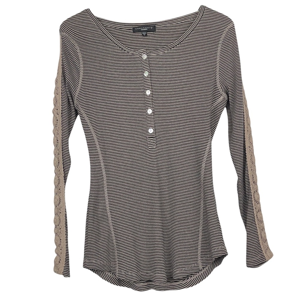 Sanctuary Tan Black Striped Thermal Henley Shirt Crochet Sleeves Womens Sz Small